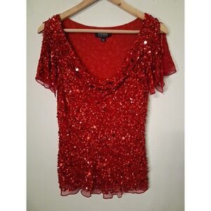 Adrianna Papell Eveningwear Red Silk Top Womens L Sequin Elegant Fairy